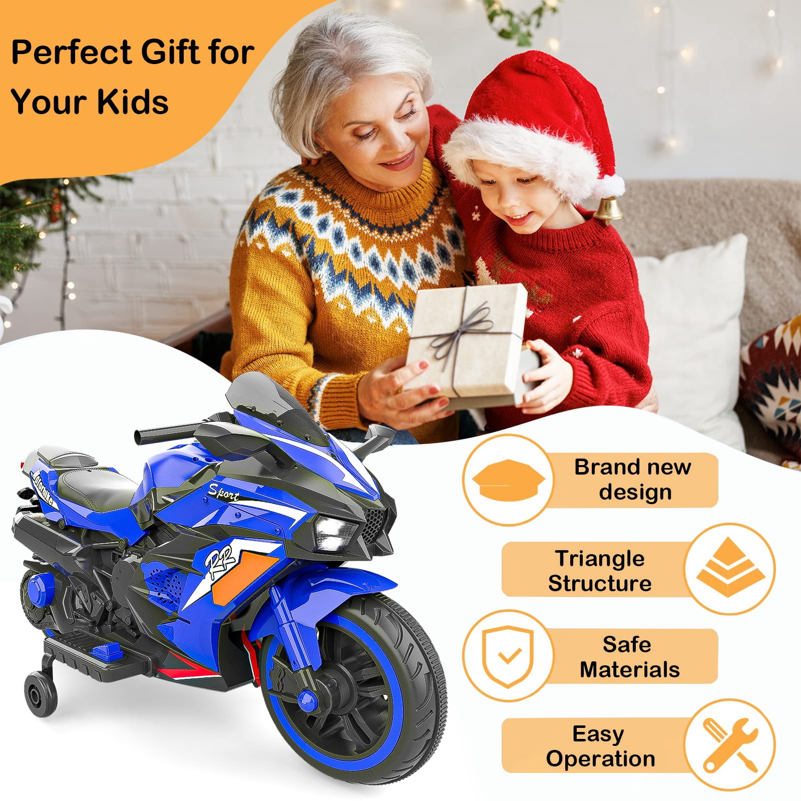 Techvida 12V Ride on Motorcyle for Kids Battery Powered 2 Wheels Kids Motorcycle for Child with Training Wheels (Blue)