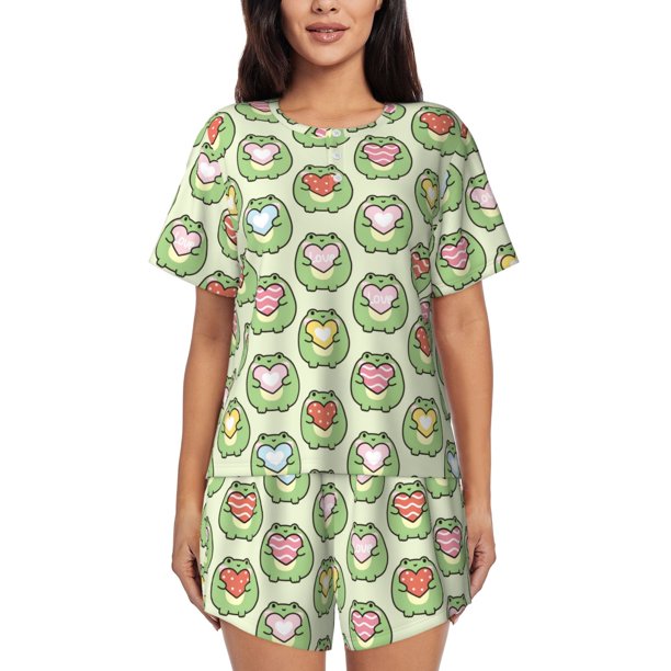 Fotbe Cute Chubby Frog Conjunto de Pijama Estampado para Mujer, 2 Piezas, Ropa de Dormir con Camiseta de Manga Corta y Shorts Suaves-X-Large