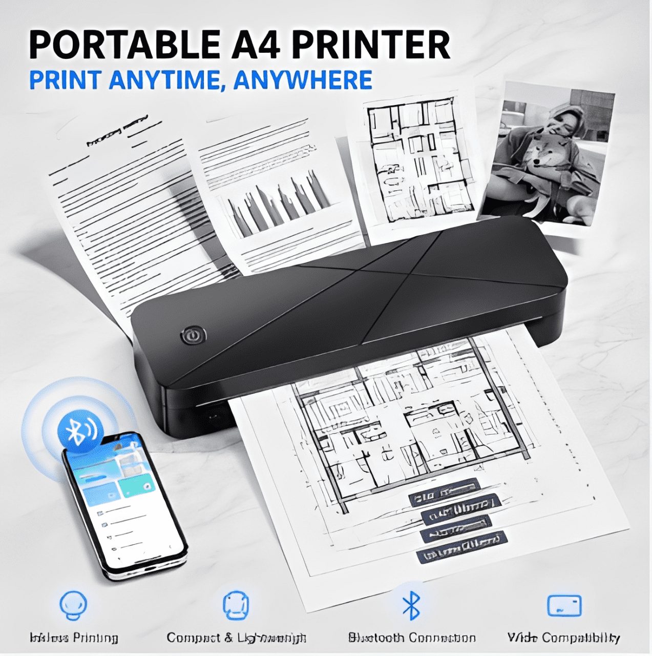 Phomemo Portable Printers Wireless, A282M Bluetooth Thermal Printer, Inkless Mobile Printer Support 8.5'' x 11'' & A4 Thermal Paper, Compatible with iPhone Android Laptop for Office Car Home