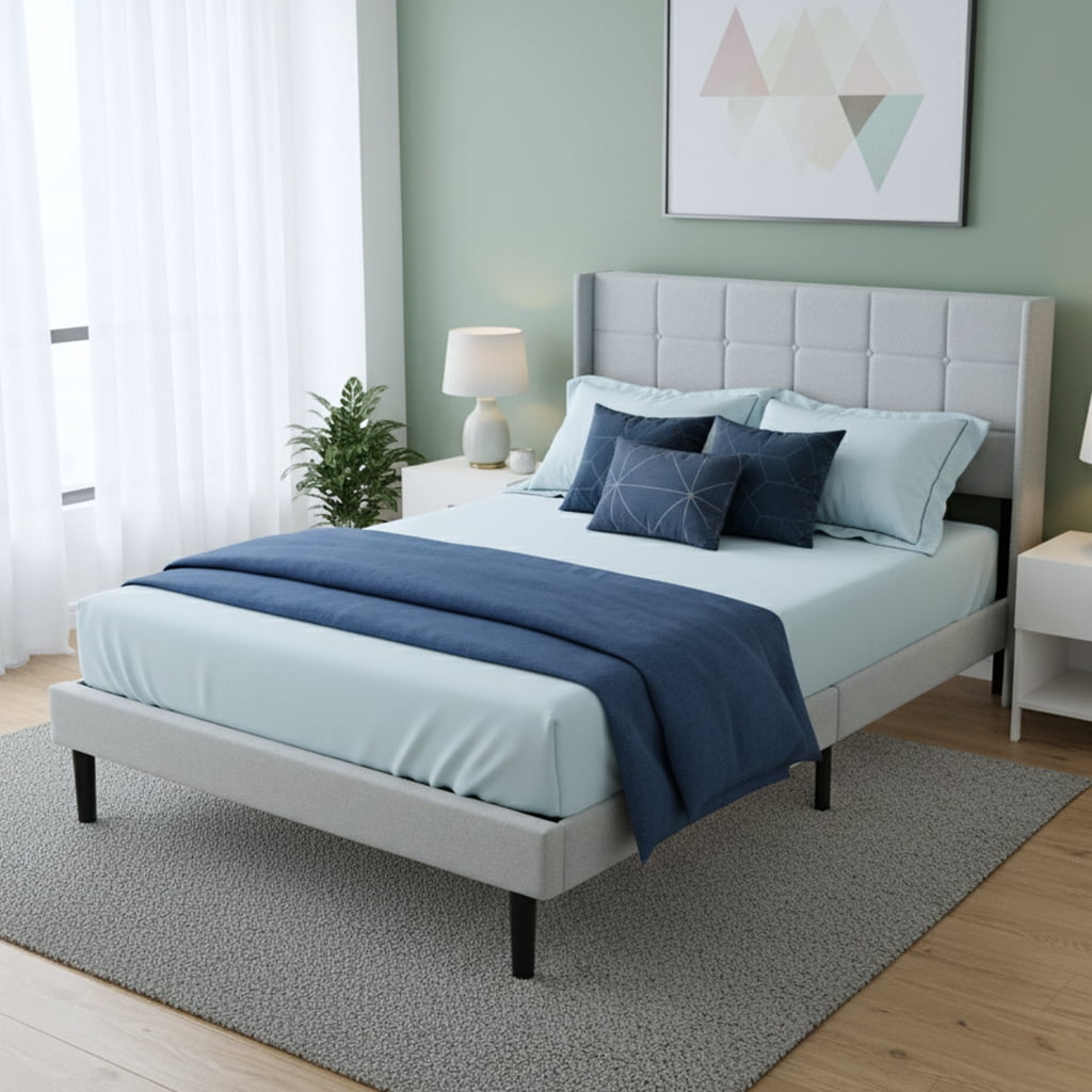 Full‑Size Light Gray Upholstered Platform Bed Frame, Tufted Headboard with Solid Wood Slat Support, No Box Spring Required