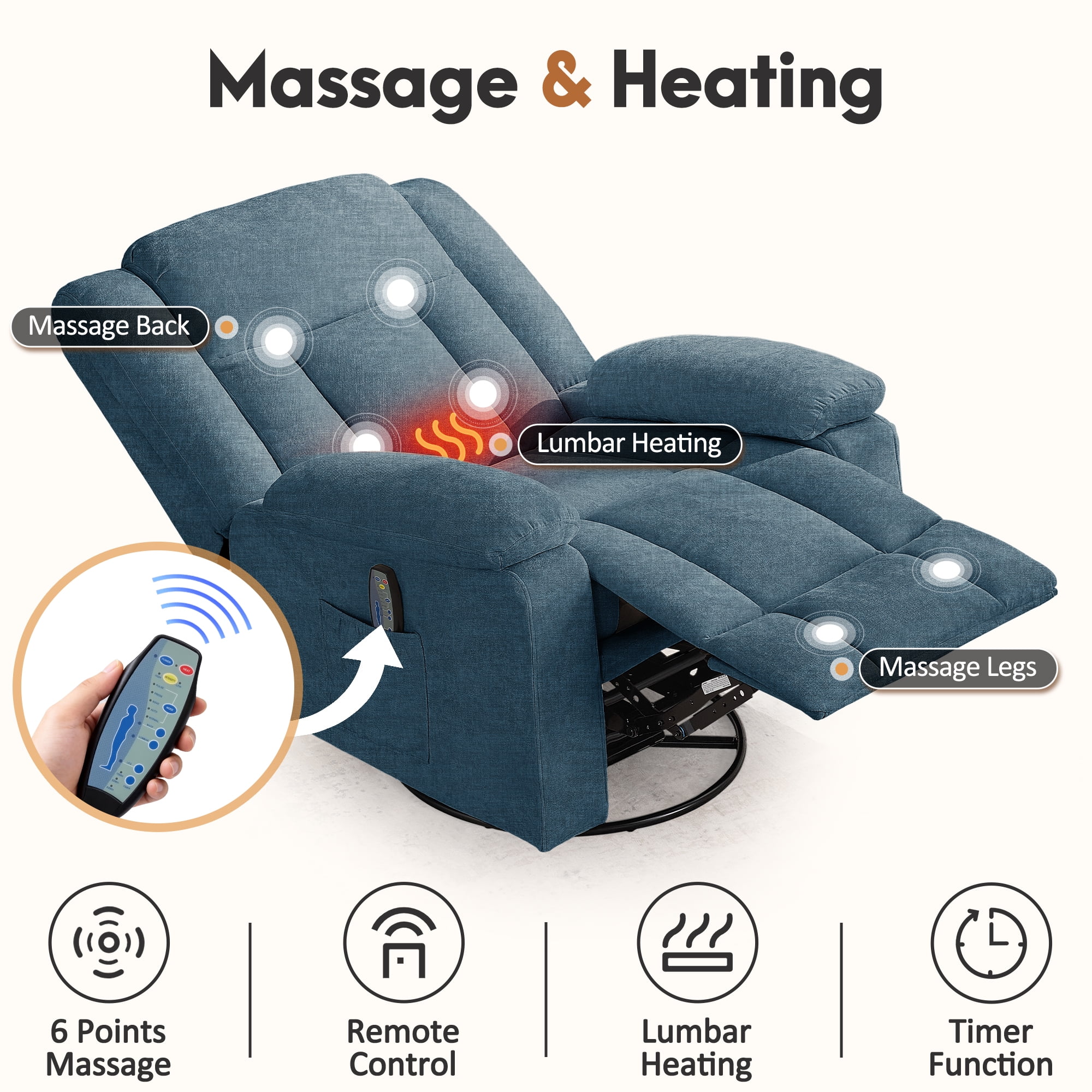Korser 360°Swivel Rocker Recliner with Massage and Heating,Rocker Recliner Chair for Adults with Side Pockets Nursery Glider Recliner for Living Room,Chenille,Blue