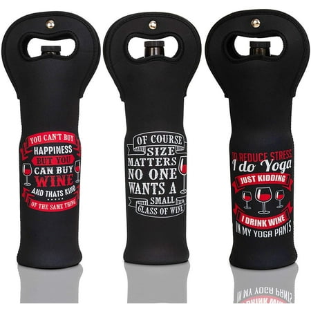 Wine Tote Carrier Bag With Magnetic Handle Clasp from Made Easy Kit Neoprene Champagne Bottle Protective Travel or Gift Bag -Set of 3 (Funny Wine Lines - Black)