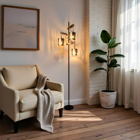 70" Boho 3-Light Rattan Floor Lamp,Tall Pole Standing Tree Floor Lamps