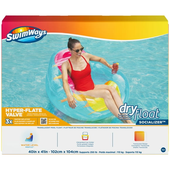 Swimways Dry Float Socializer Pool Float, Translucent Inflatable Recliner Chair for Adults with Fast Inflation, Cup Holder & Back Rest