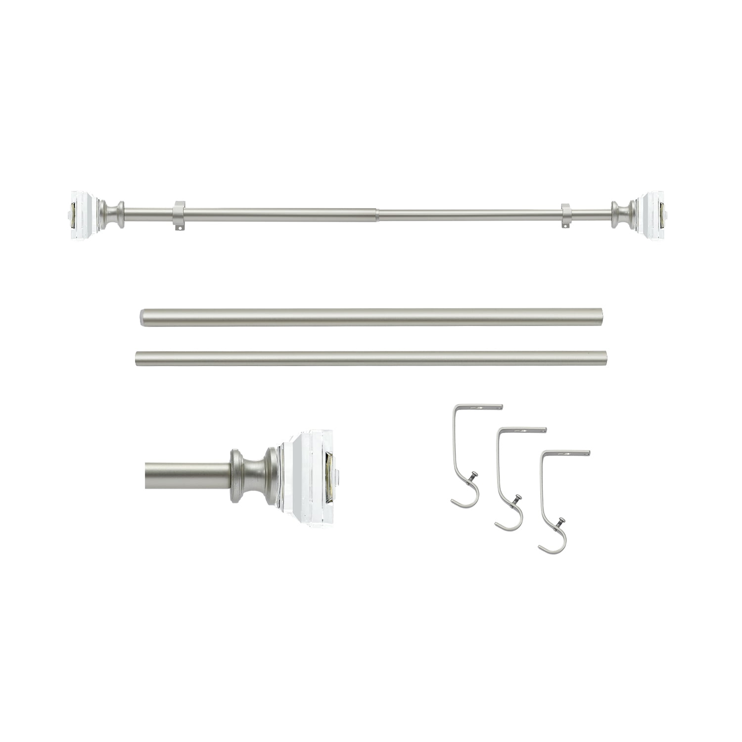 Curtain Rods 30-55" Champagne Adjustable drapery rod with 60mm clear square finials and 3 piece wall brackets.