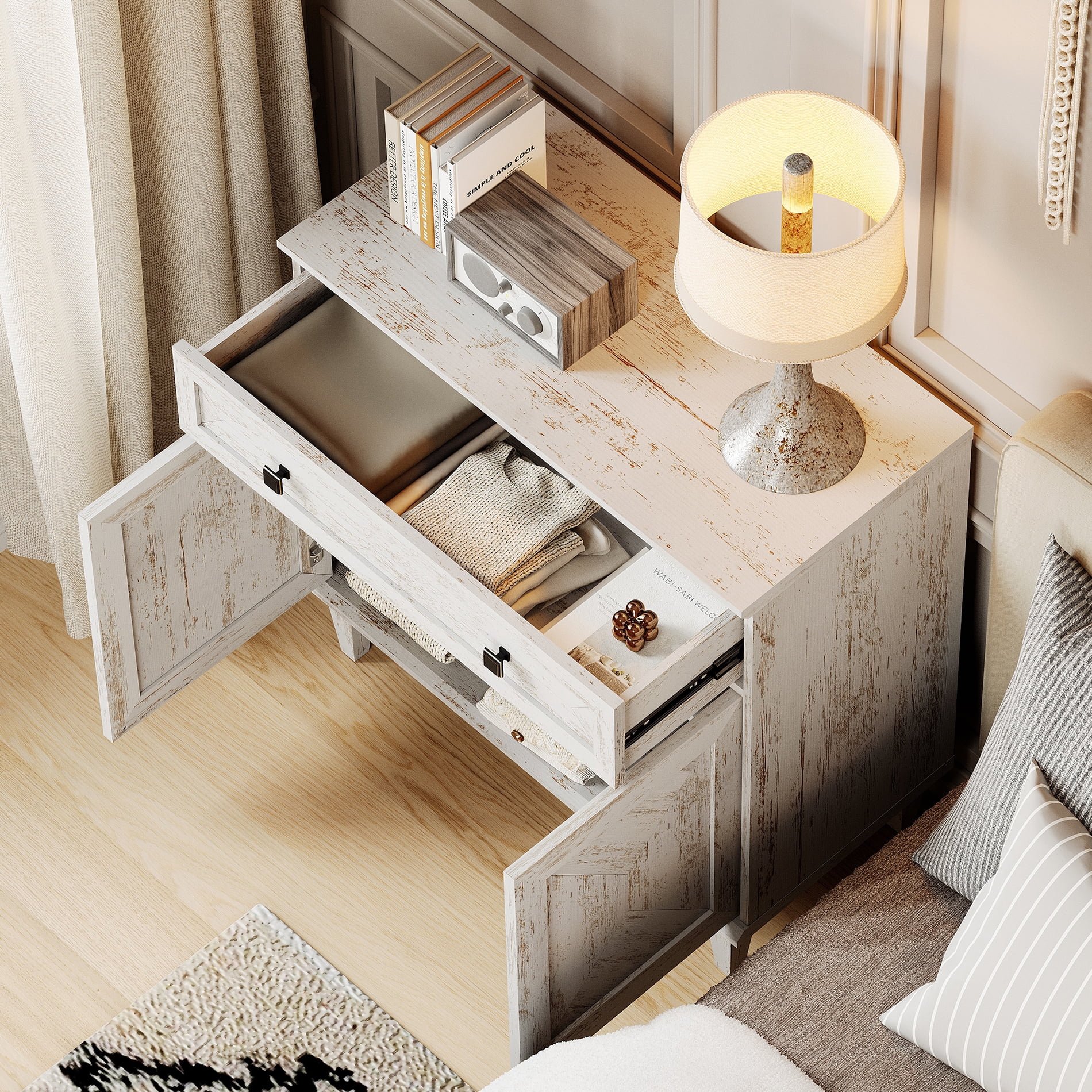 WAMPAT Handmade Patchwork 31.5" TV Stand with Cabinet, Fits up to 36" TV, White