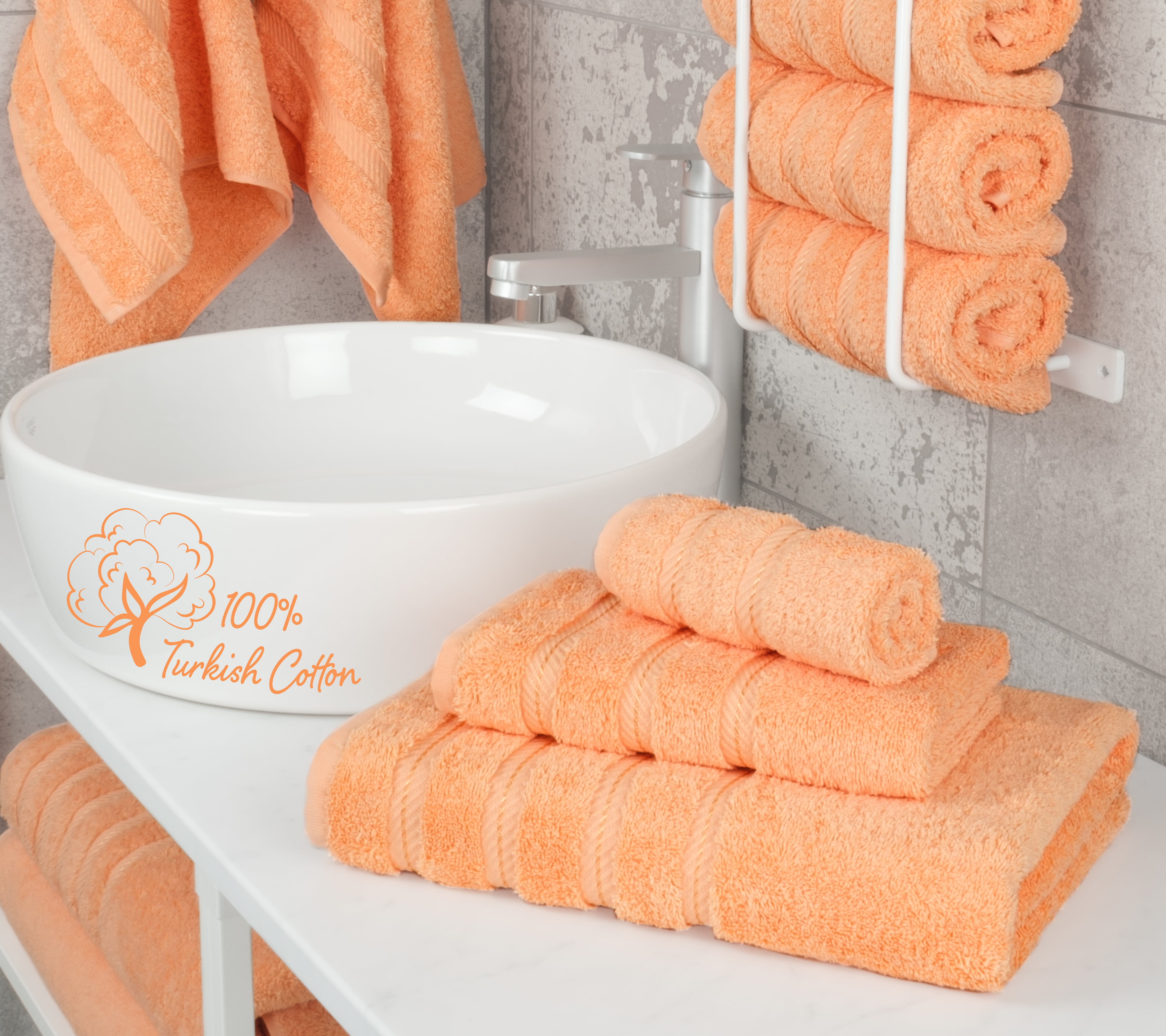 Luzia 8 Piece Towel Set - 100% Turkish Cotton, Premium Quality - 2 Bath Towels 2 Hand Towels and 4 Washcloths (Coral)