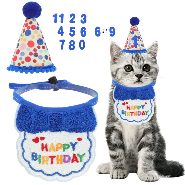 Decoraciones de Cumpleaños para Gatos Sombrero y Bandana Azul