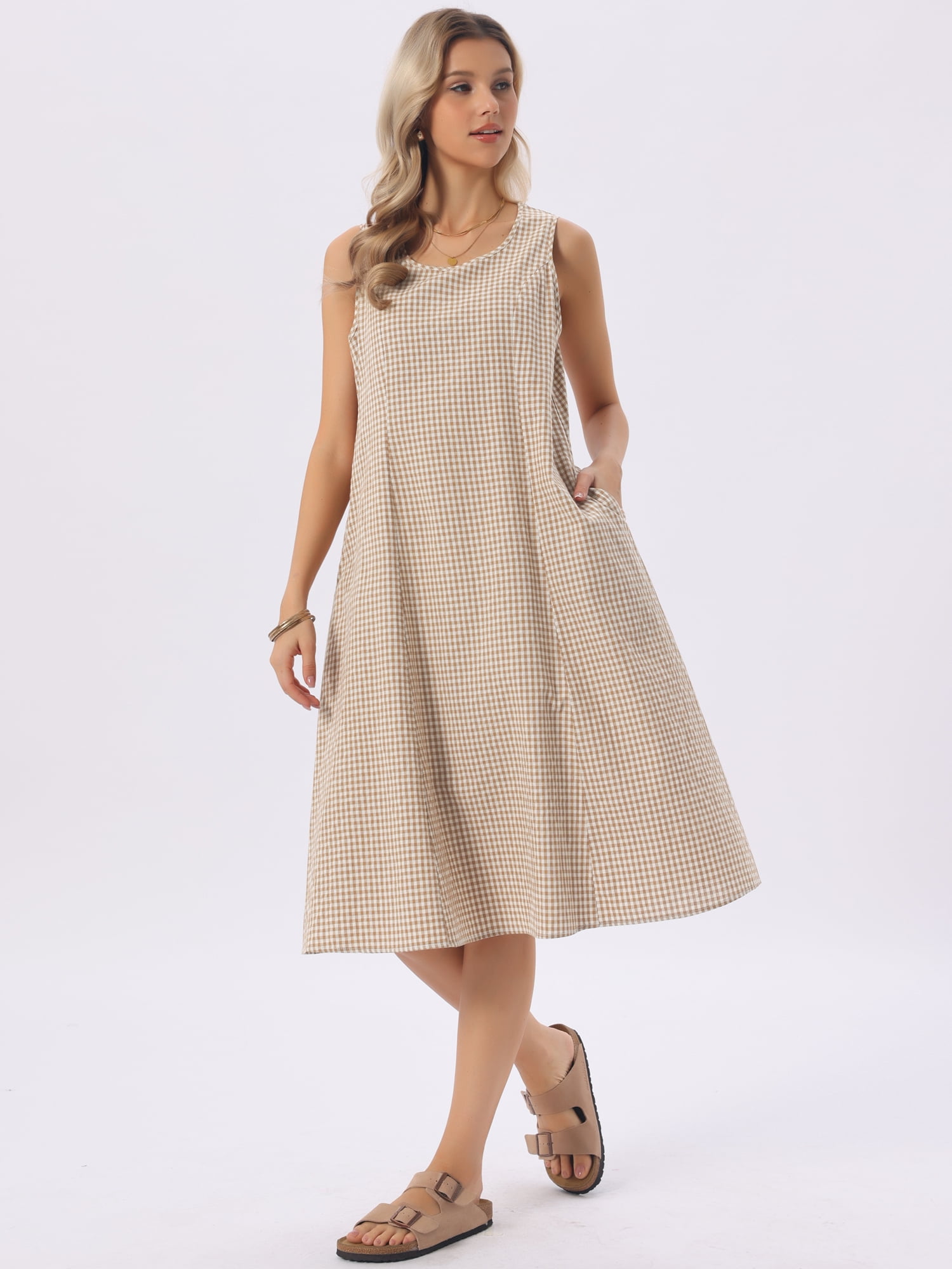 DARING DIVA Plaid Sleeveless Loose Fit Tank Midi Dress X-Large Brown