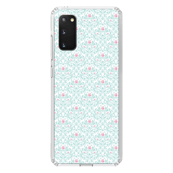 DistinctInk Clear Shockproof Hybrid Case for Galaxy S20 / S20 5G (6.2" Screen) - TPU Bumper, Acrylic Back, Tempered Glass Screen Protector - Teal & Pink Rose Pattern
