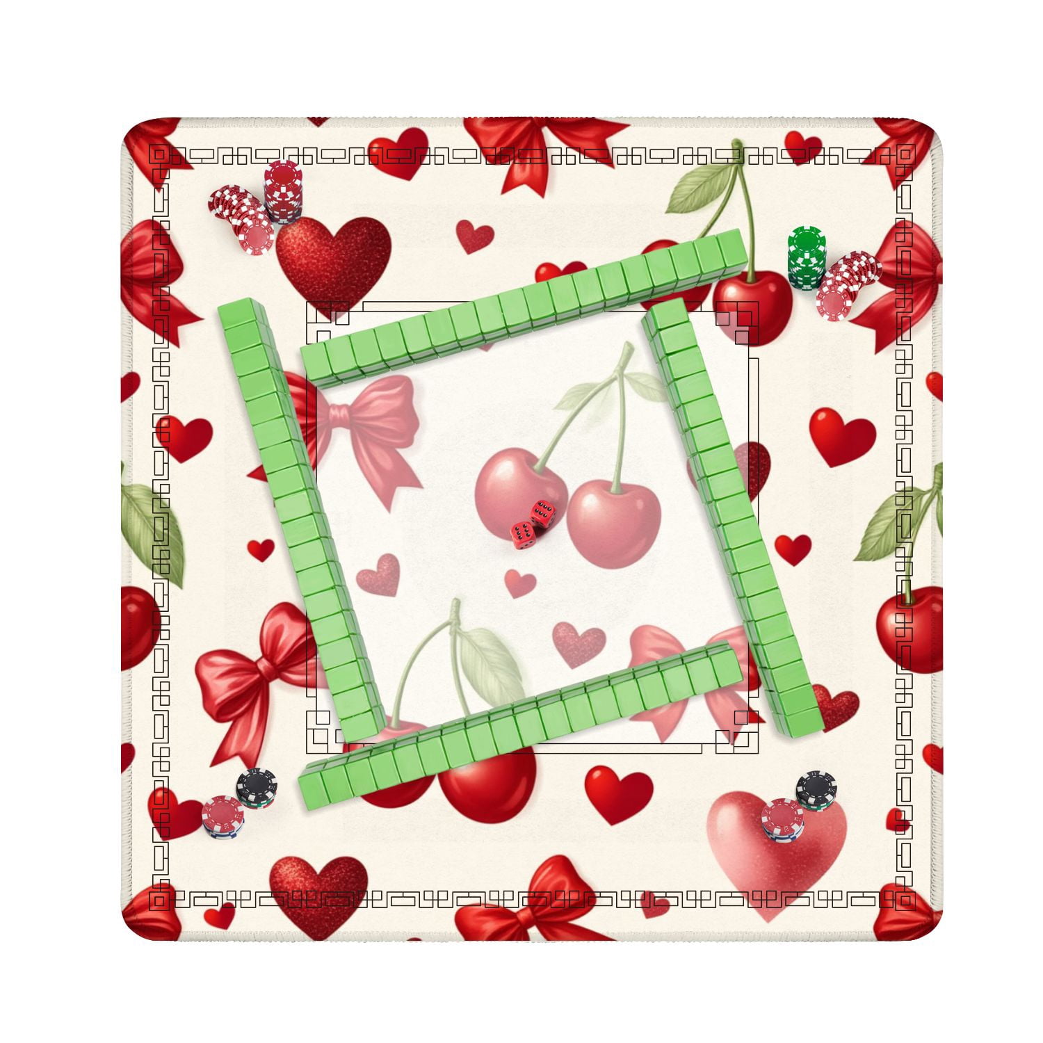 Mahjong Mat 31.5" x 31.5" Red Cherries Hearts Bows Cream Non-Slip Noise Reduction American Mahjong Tiles Table Cover for Dominoes Poker Card Board Games Gift