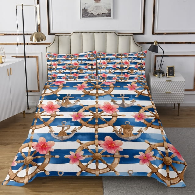 Erosebridal Nautical Anchor Rudder Coverlet Set King,Flower Stripes Bedding Set,Floral Decor,3-Piece