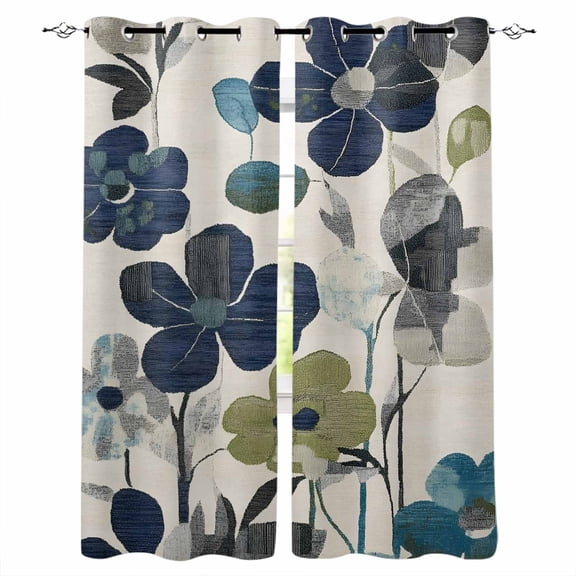 Navy Blue Green Floral Blackout Curtains 63 Inches Long, Vintage Botanical Leaves Thermal Insulated Black Out Curtains, Darkening Window Curtain Drapes for Bedroom Living Room 52"x63" 2 Panels