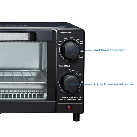 Mainstays 4-Slice Countertop Toaster Oven with 3 Settings, Includes Baking Rack and Pan, Black, New