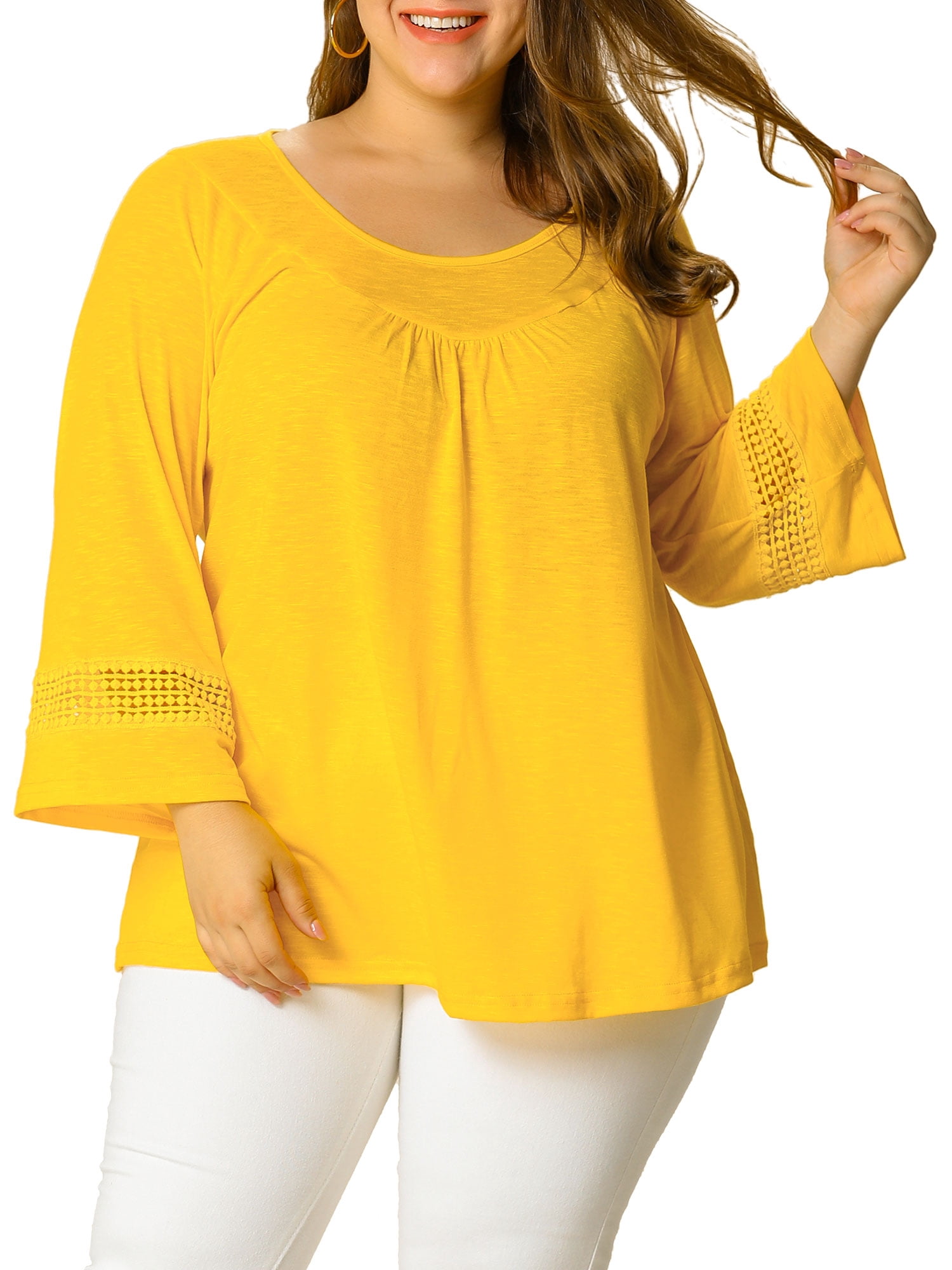 Unique Bargains Juniors' Plus Size Crochet Panel Kimono Raglan Sleeves Ruched Front Top Yellow 2X