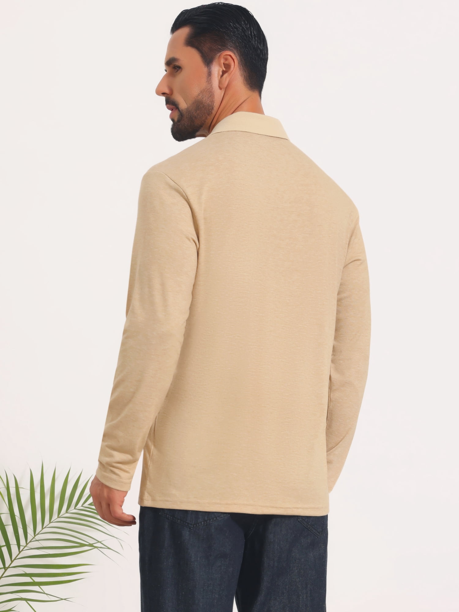 DARING DIVA Men's Contrast Button Collared Long Sleeves Golf Polo T-Shirts XL Beige