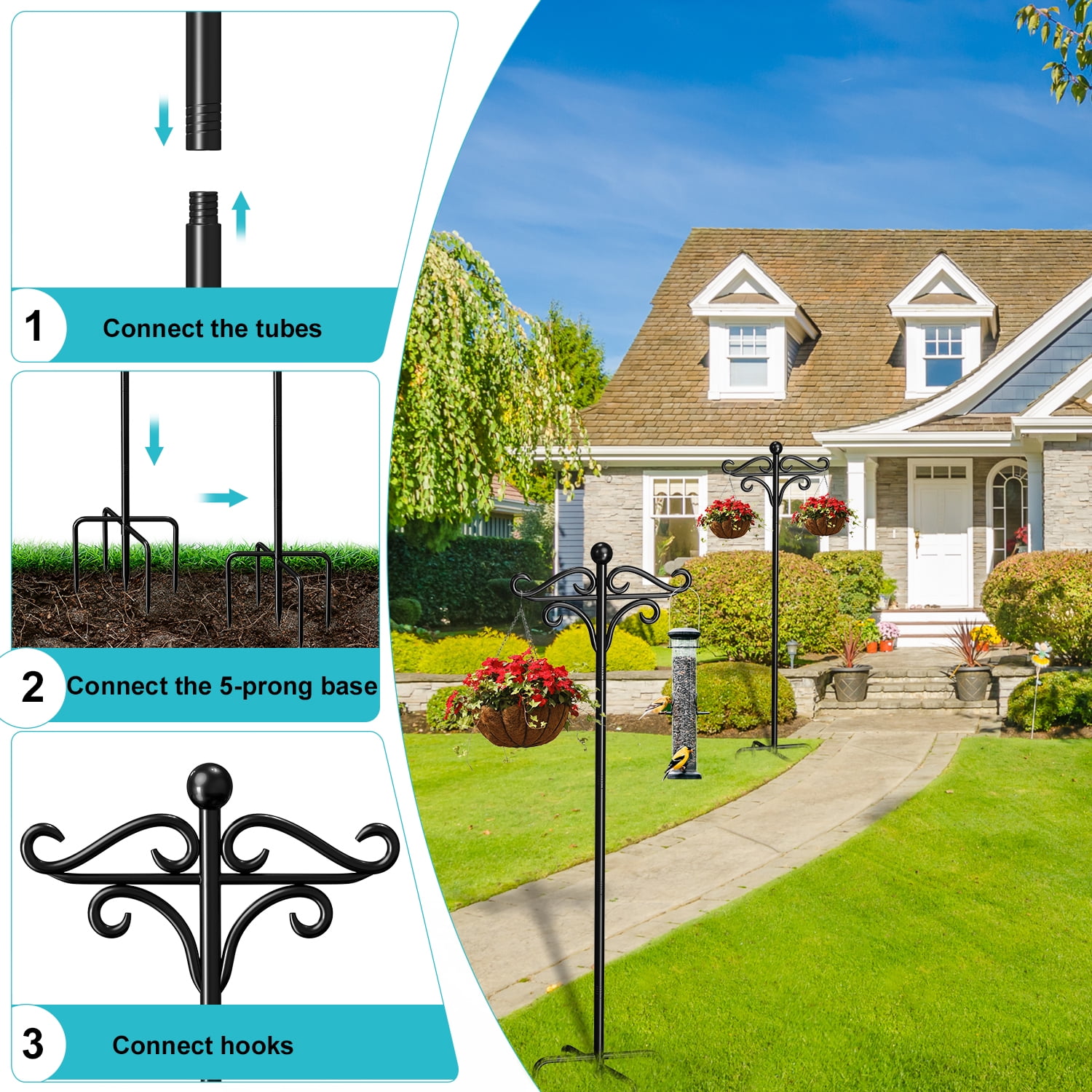 Shepherds Hooks for Outdoor, 76in Double Bird Feeder Poles with 5 Prongs (2 Pack)