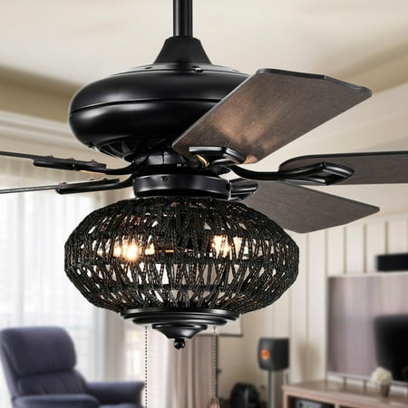 

Warehouse of Tiffany Riconic 52-Inch Matte Black Lighted Ceiling Fan with Weaved Rope Shade