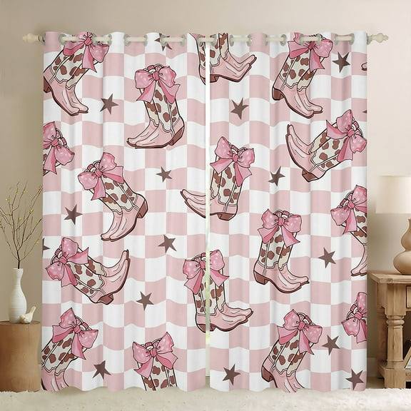 Homewish Cool Western Cowgirl Black Out Curtains,Retro Rustic Farmhouse Cabin Curtains Pack of 2 (42x63 Each),Pink White Grometric Plaid Bedroom Curtains For Girls Kids,Microfiber Bedroom Decor