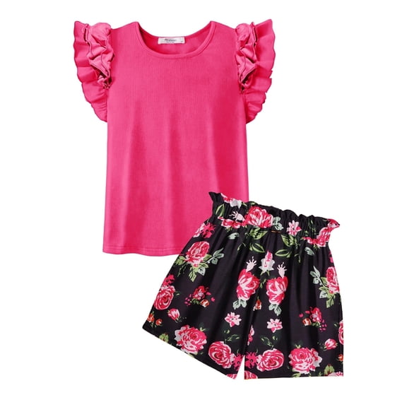 Arshiner Girls 2 Piece Summer Outfits Ruffle Short Sleeve Shirts Top and High Waist Paper Bag Shorts Set with Pockets