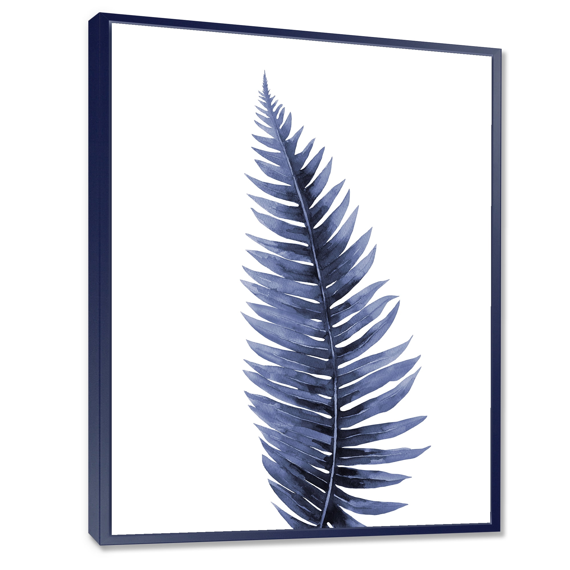 Designart 'Tropical Blue Watercolour Leaves On White' Bohemian & Eclectic Framed Canvas Wall Art Print