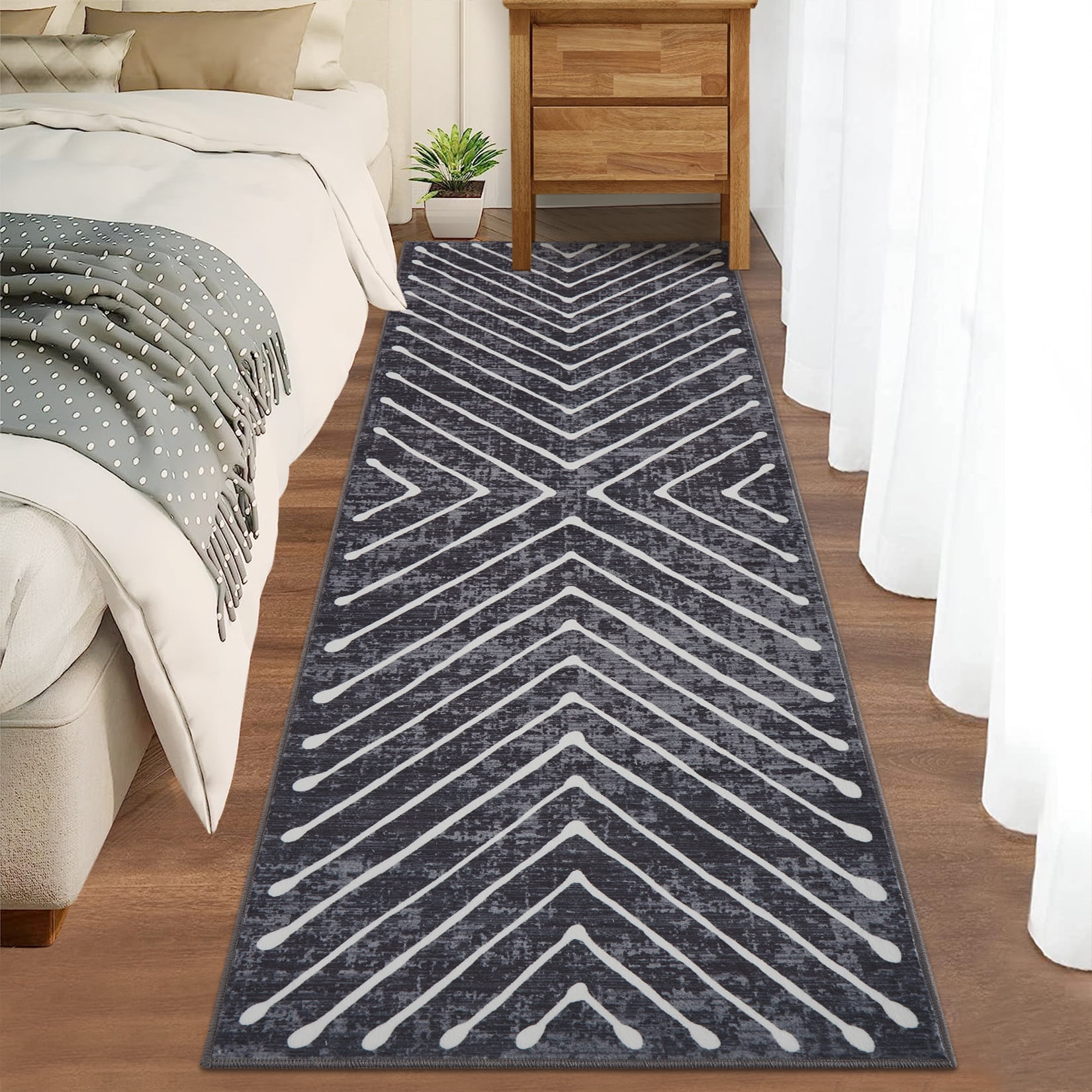 FairOnly Modern 2'x6'Runner Rug with Symmetrical Fine Lines Machine Washable Low Pile Non-Slip Geometric Rugs for Bedroom Kitchen,Dark Grey