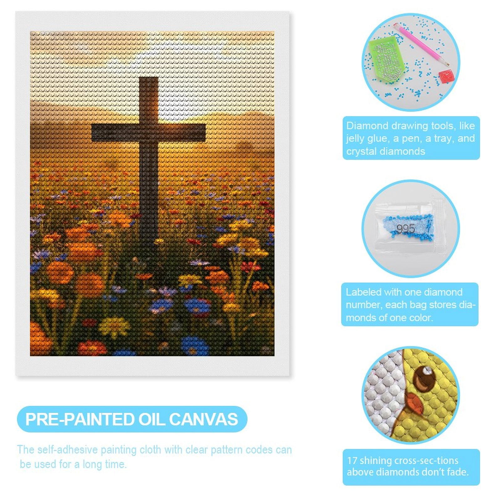 Diamond Art Kits for Adults, Sunset Meadow Wooden Cross Flowers 5D Diamond Painting Kits for Adults Beginners, DIY Full Drill Diamond Painting, Gem Art and Crafts 12x16