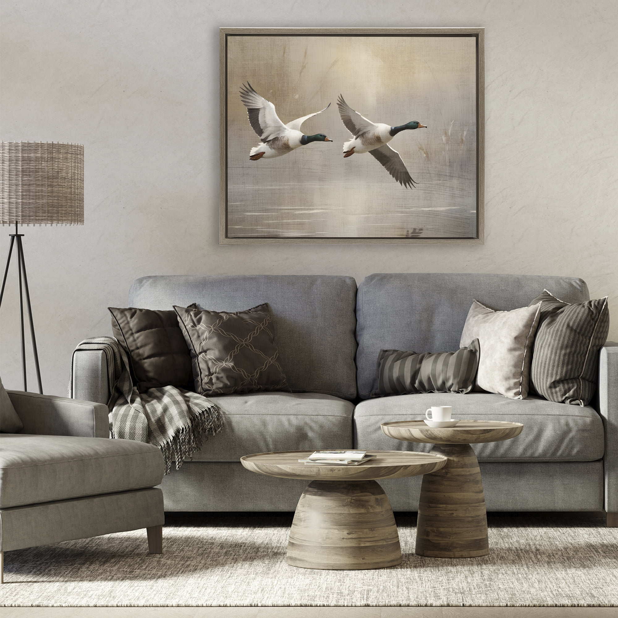 Stupell Industries Mallard Ducks over Pond Brown Framed Floater Canvas Wall Art, design by Susan Arnot