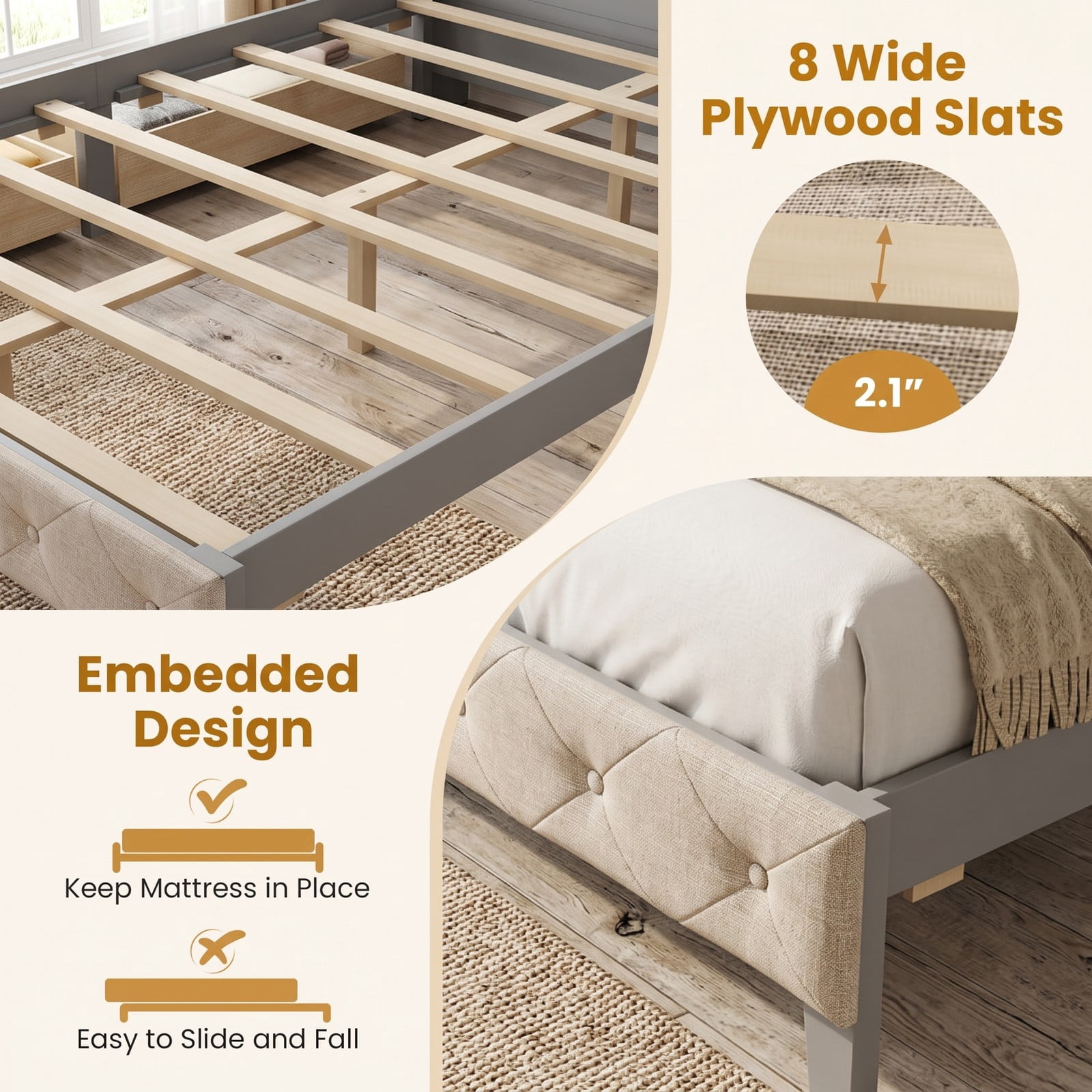 Furnibear Full Size Bed Frame with Bookcase Storage Headboard, LED Lights, Upholstered Platform Bed with 2 Drawers, Gray