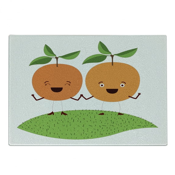 Green and Orange Cutting Board, Caricature of Fruits Holding Hands on a Grassy Hill Winter Flora, Decorative Tempered Glass Cutting and Serving Board, Small Size, Orange Apple Green, by Ambesonne