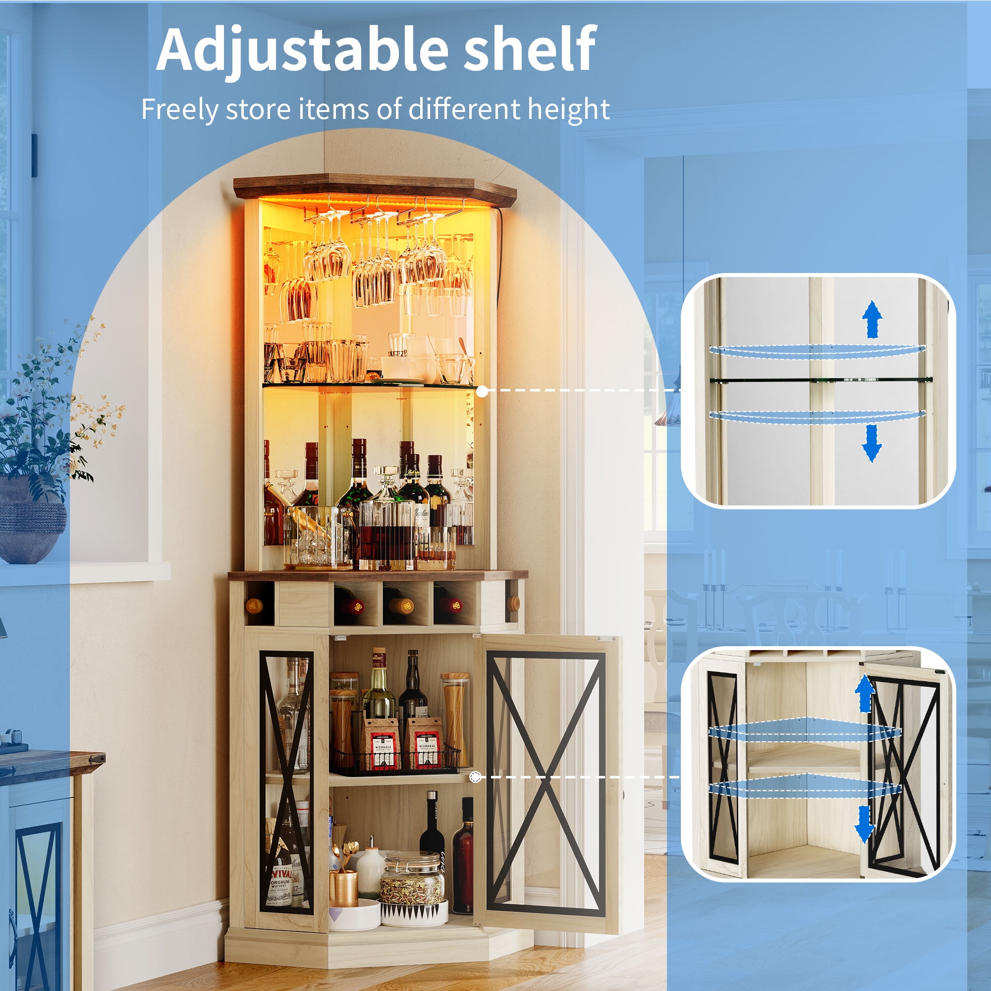 Dextrus Corner Storage Cabinet with Door & Led Light, 72" Tall Corner Bar Cabinet with Adjustable Shelves