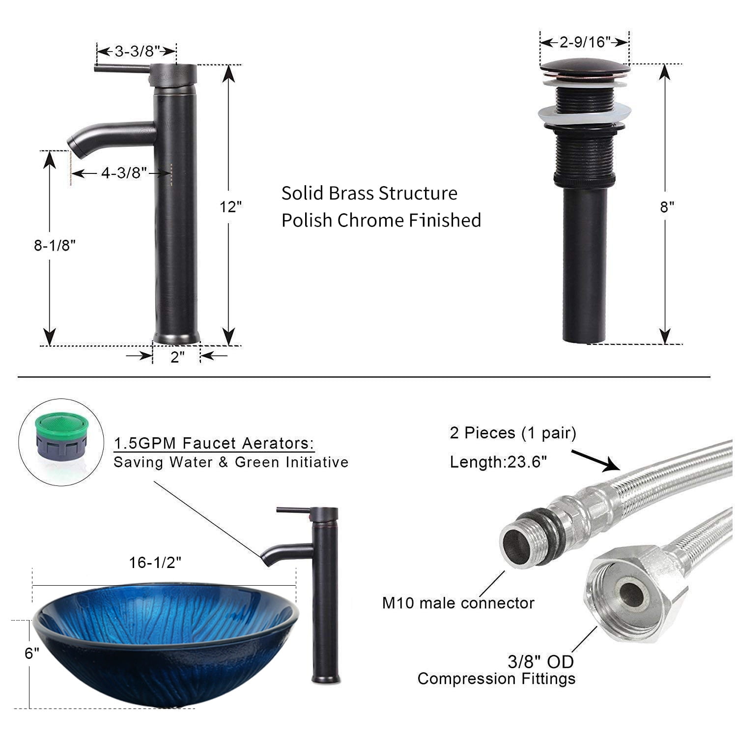 Eclife Bathroom Vessel Sink Set, Blue Glass Boat Basin Bowl with Oil Rubbed Bronze Faucet Chrome Pop-up Drain