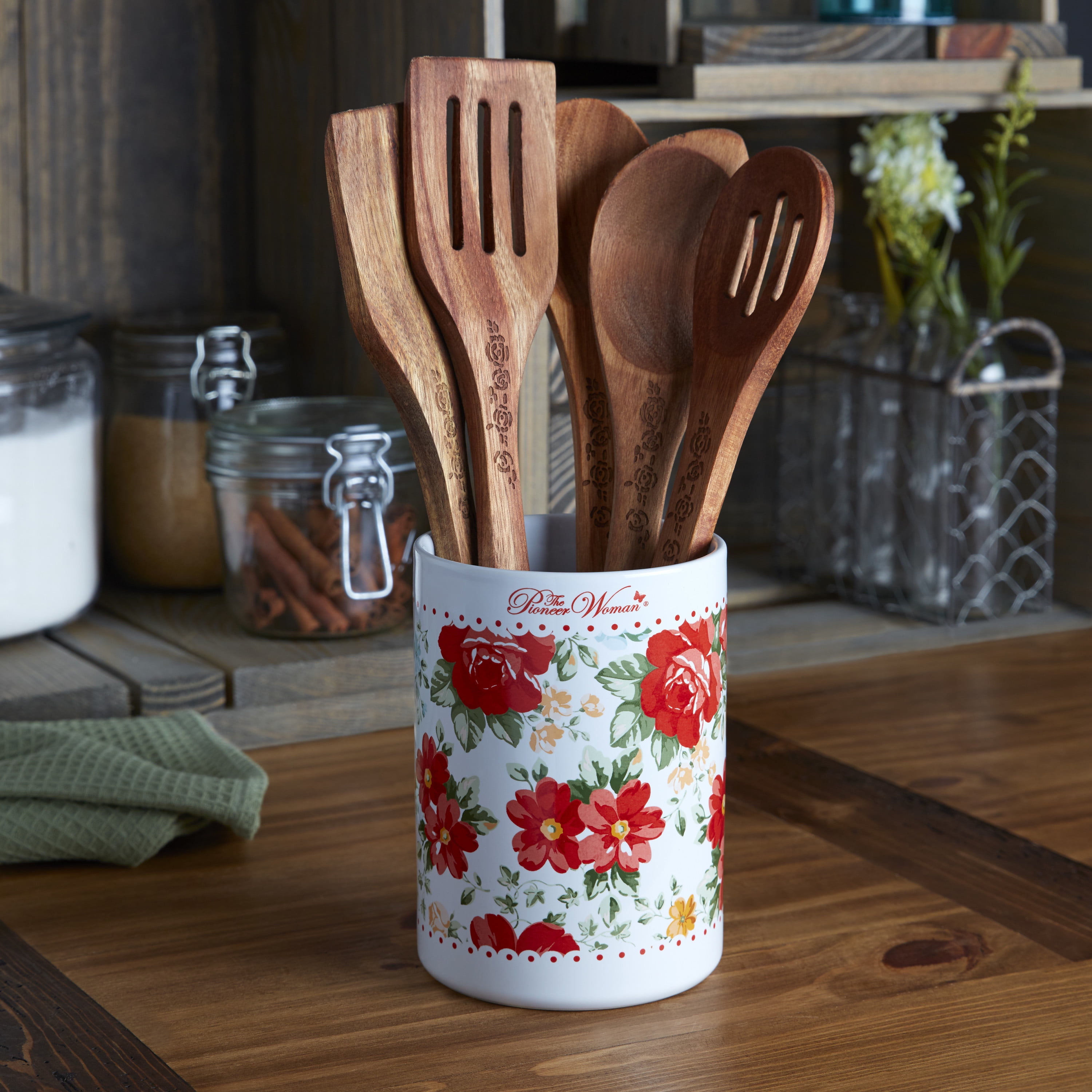 The Pioneer Woman 6-piece Crock and Wooden Tool Set in Vintage Floral 