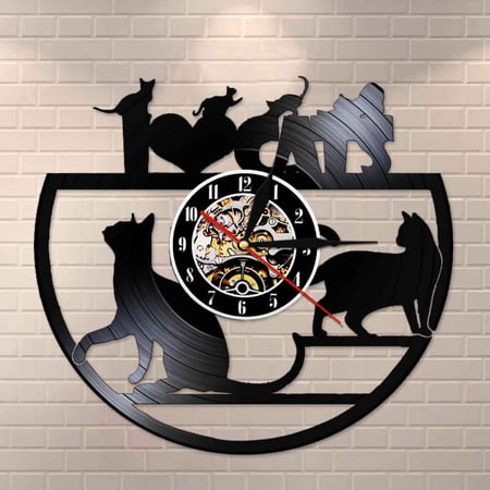 Amblelife I Love Cat Vinyl Custom Wall Clock Vintage Style Cats Wall Clock Design Gift For Cat Lovers Animals Home Decoration Vinyl Clock