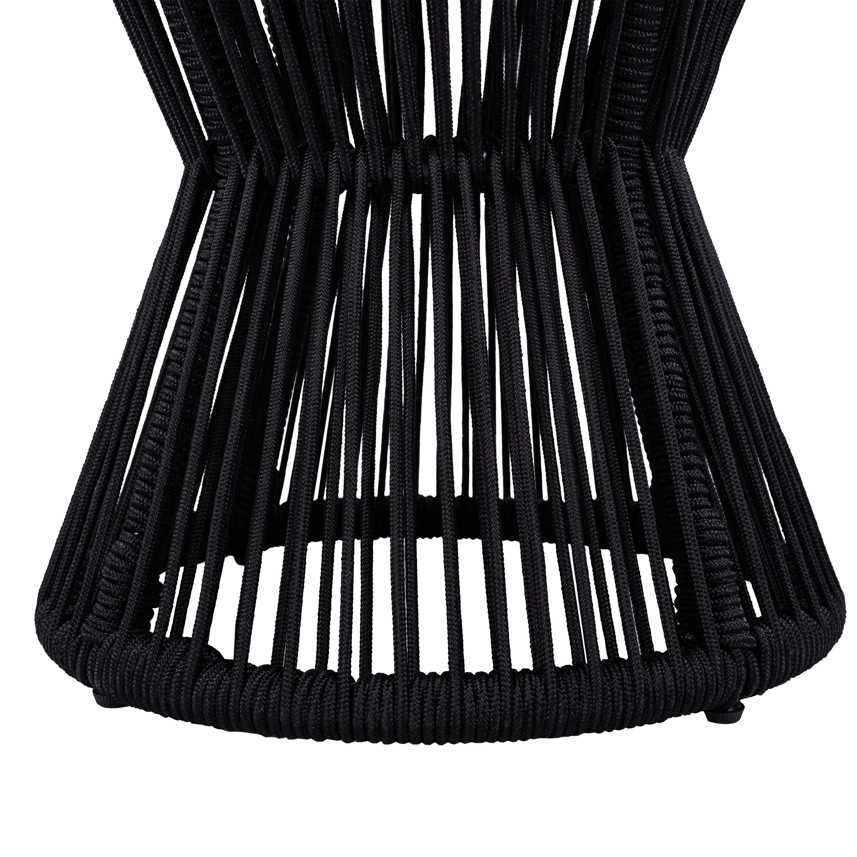 Side Table, Outdoor Black Rope and Acacia Wood Hourglass Design Table for Patio Deck, Teak