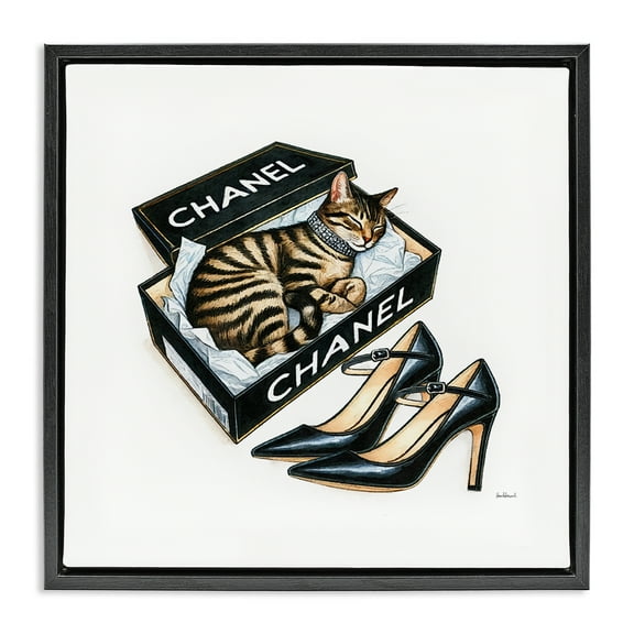 Stupell Industries Sleeping Cat in Shoe Box Animals Painting Black Floater Framed Canvas Art Print Wall Art, 18 x 18