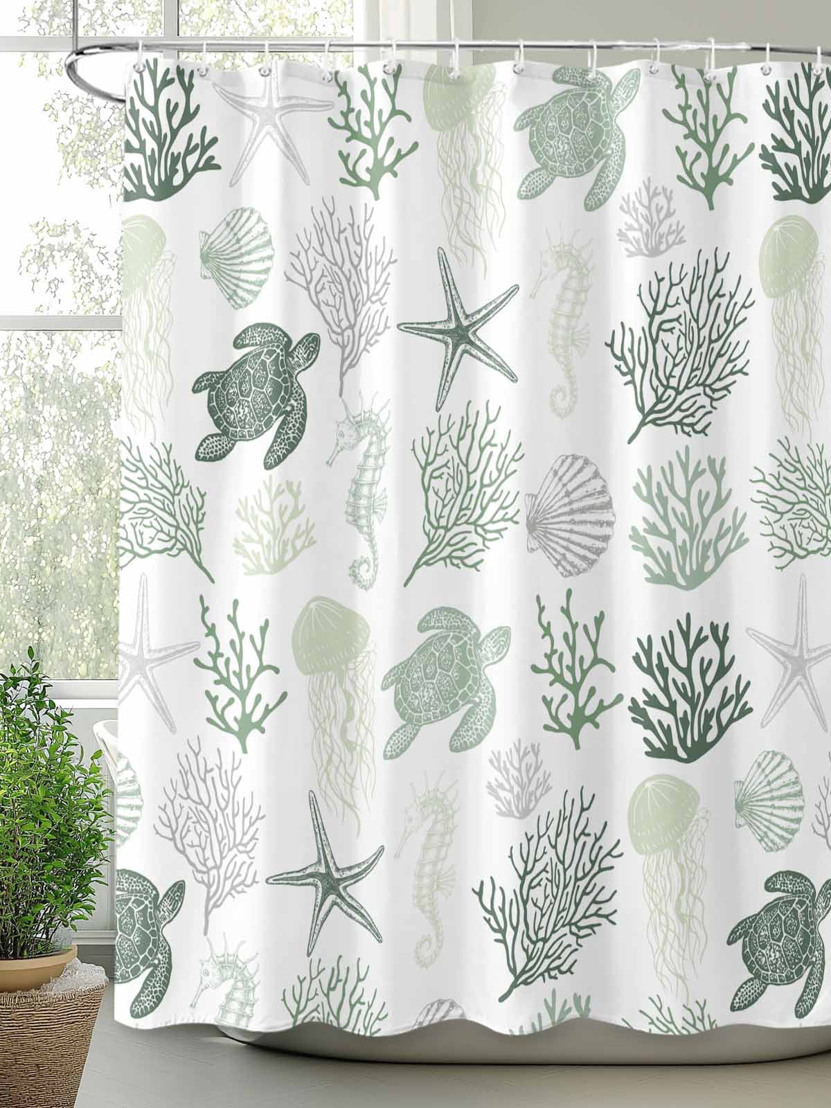 Sage Green Coastal Waterproof Fabric Shower Curtain, Nautical Summer Beach Coral Sea Turtle Shower Curtain for Bathroom Curtains Bathtubs Hotel Washable Shower Curtains with 12 Hooks Standard 60x72