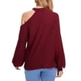 thumbnail image 3 of Hombro frío knit gota hombro linterna manga larga crewneck knit suave suelta waffle pullover para mujeres vino rojo L, 3 of 5