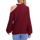 thumbnail image 3 of Hombro frío knit gota hombro linterna manga larga crewneck knit suave suelta waffle pullover para mujeres vino rojo L, 3 of 5