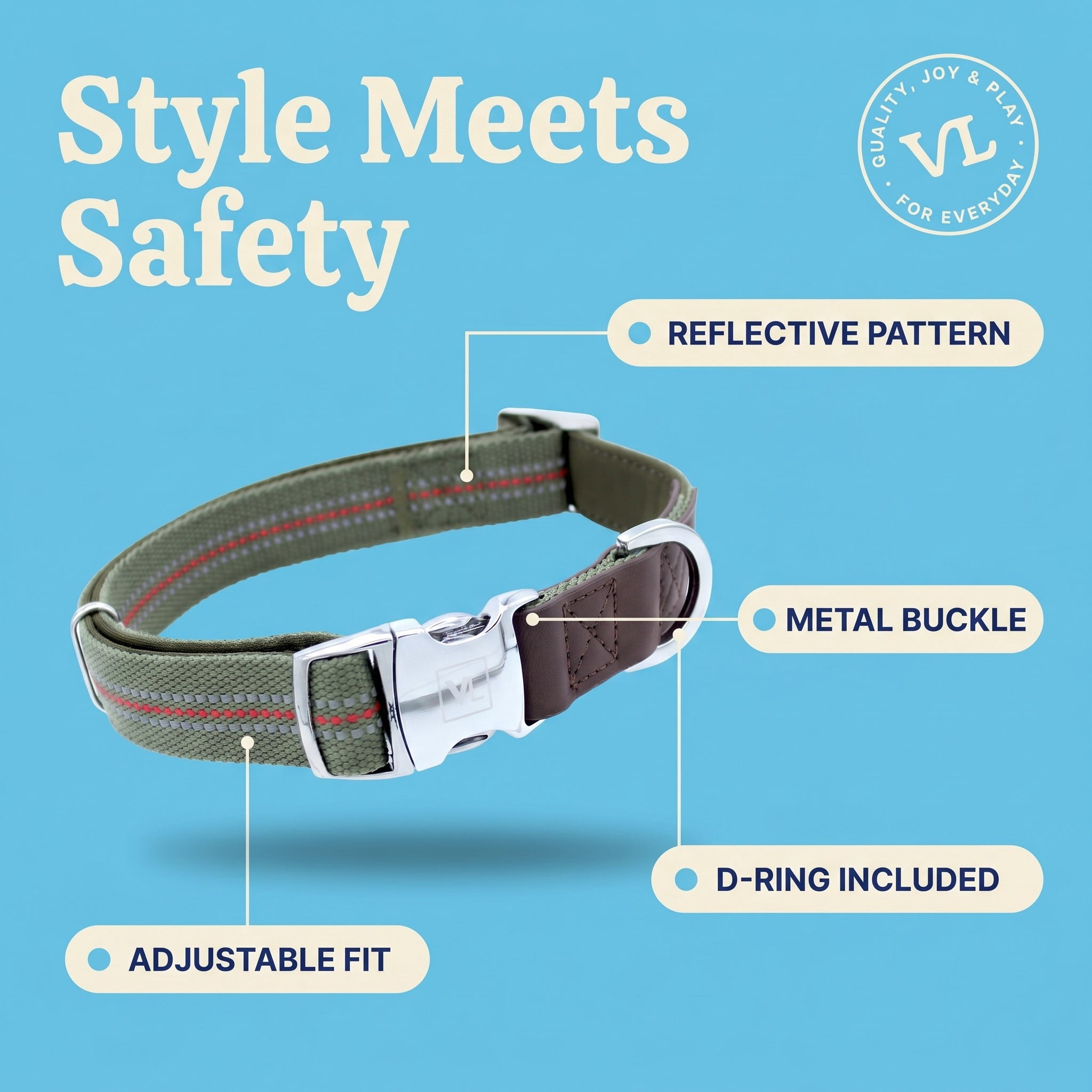 Vibrant Life Reflective Adjustable Dog Collar, Olive Green, M