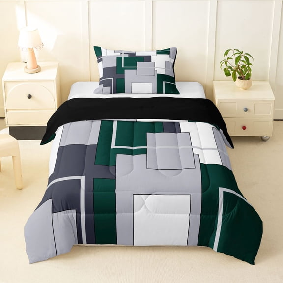 Homewish Minimalist Modern Block Twin Comforter Sets,Classic Abstract Geometric Bedding Set,Green,Black Reversible,2-Piece,1 Comforter and 1 Pillowcase
