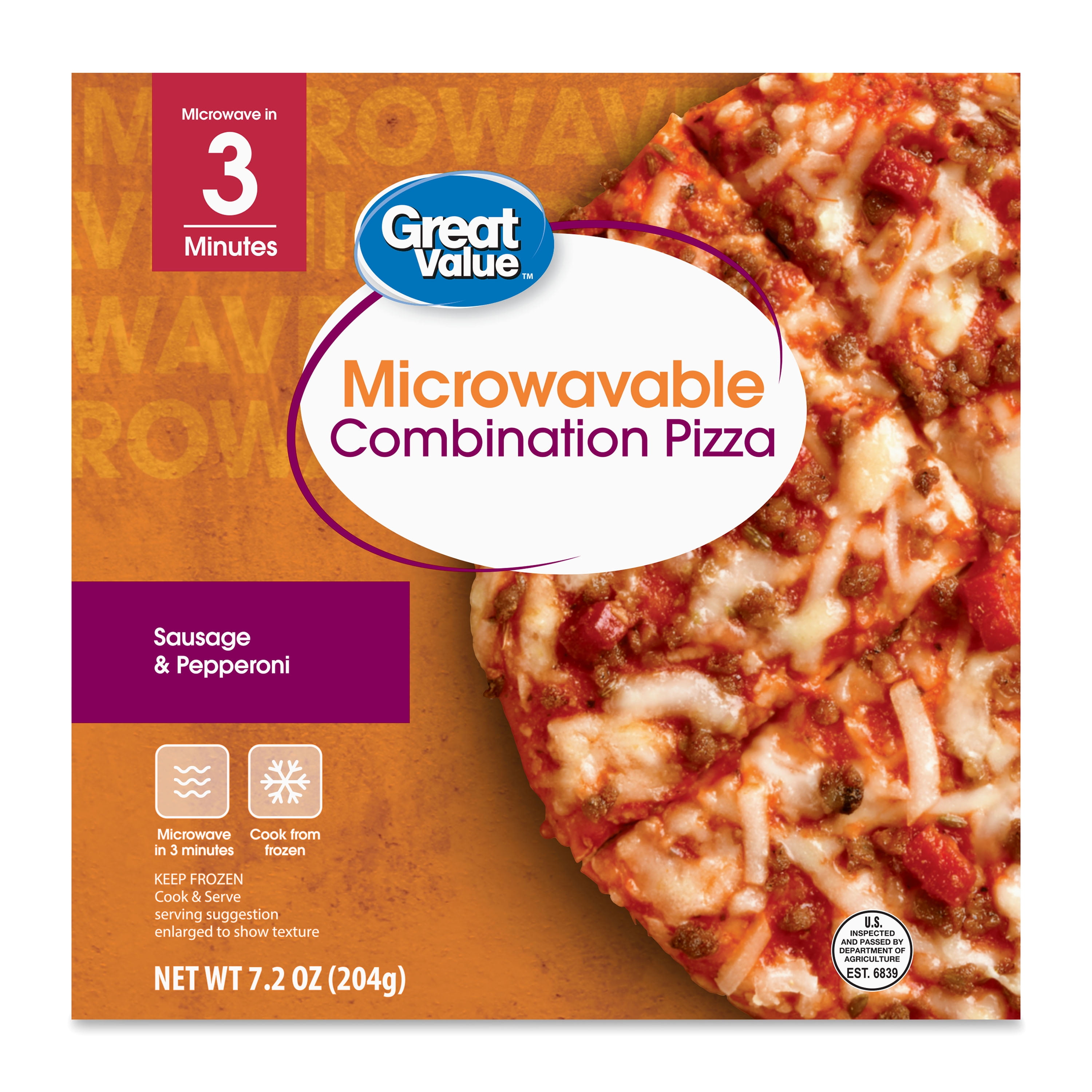 Great Value Classic Crust Three Meat Combo Microwave Frozen Pizza 7.2oz