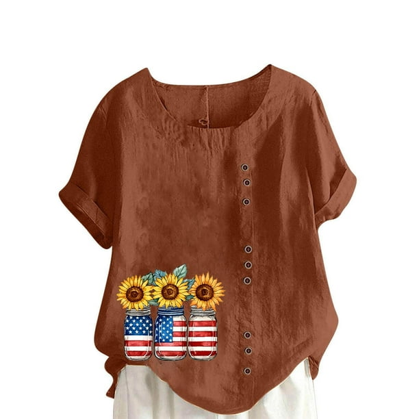 Vestidos Casuales Para Mujer, Blusas De Mujer De Moda Blusa informal de lino con botones y manga corta estampada para mujer