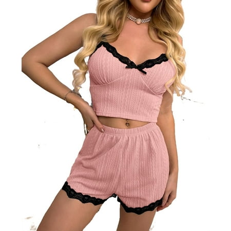 

2pcs Set Cute Cami Short Sets Sleeveless Dusty Pink Women s Pajama Sets (Women s)