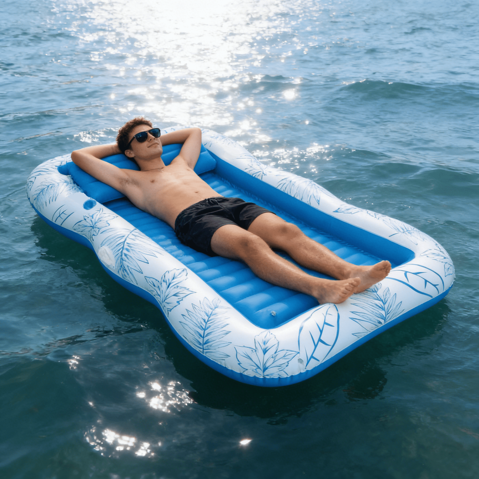 COWIN 77"x 50" Inflatable Tanning Pool Lounger Float, Summer Maple Leaf Water Inflatable Floating Bed with Backrest, Leisure Floating Raft, Water Lounge Floaties Tub with Drink Holder, Blue
