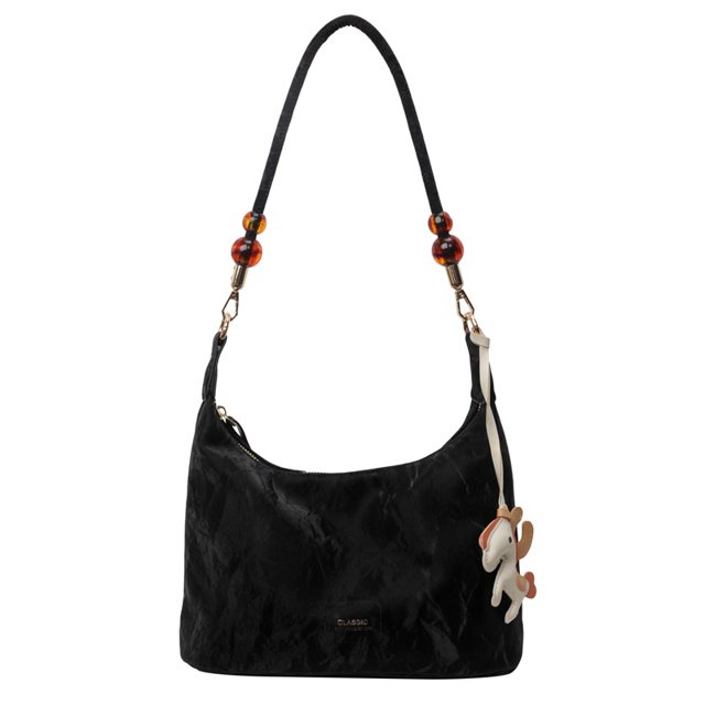 bolso de nicho de lujo ligero de alta gama para mujer, nueva moda 2025 versión coreana, bolso cruzado de gran capacidad negro: frontal centrado de bolso tipo empanadilla cuadrado horizontal en PU negro con textura arrugada y líneas de costura visibles, cierre de cremallera y forro de poliéster; correa de hombro única con cuentas ámbar y herrajes dorados, estructura interna tipo sándwich con cremallera; estilo simplicidad urbana, tamaño grande, dureza media a blanda, adecuado para uso diario y llevar debajo del brazo.