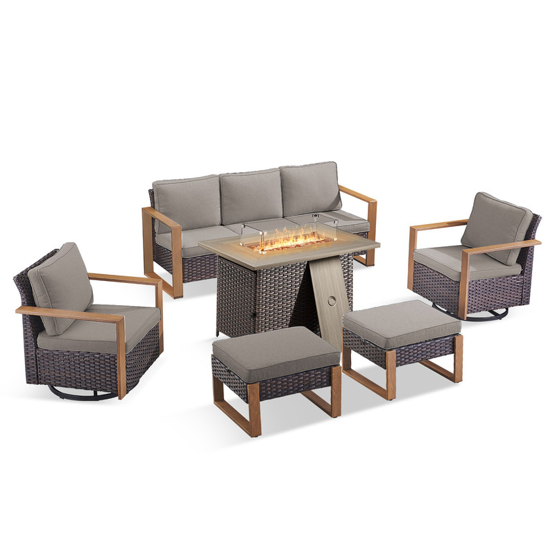 PARKWELL 6 Piece Outdoor Patio Furniture Set with Fire Pit Table,All-Weather Conversation Set with Swivel Glider Chair,7-Seat Patio Fire Pit Seating Sets for Backyard Gatherings, Brown/Gray