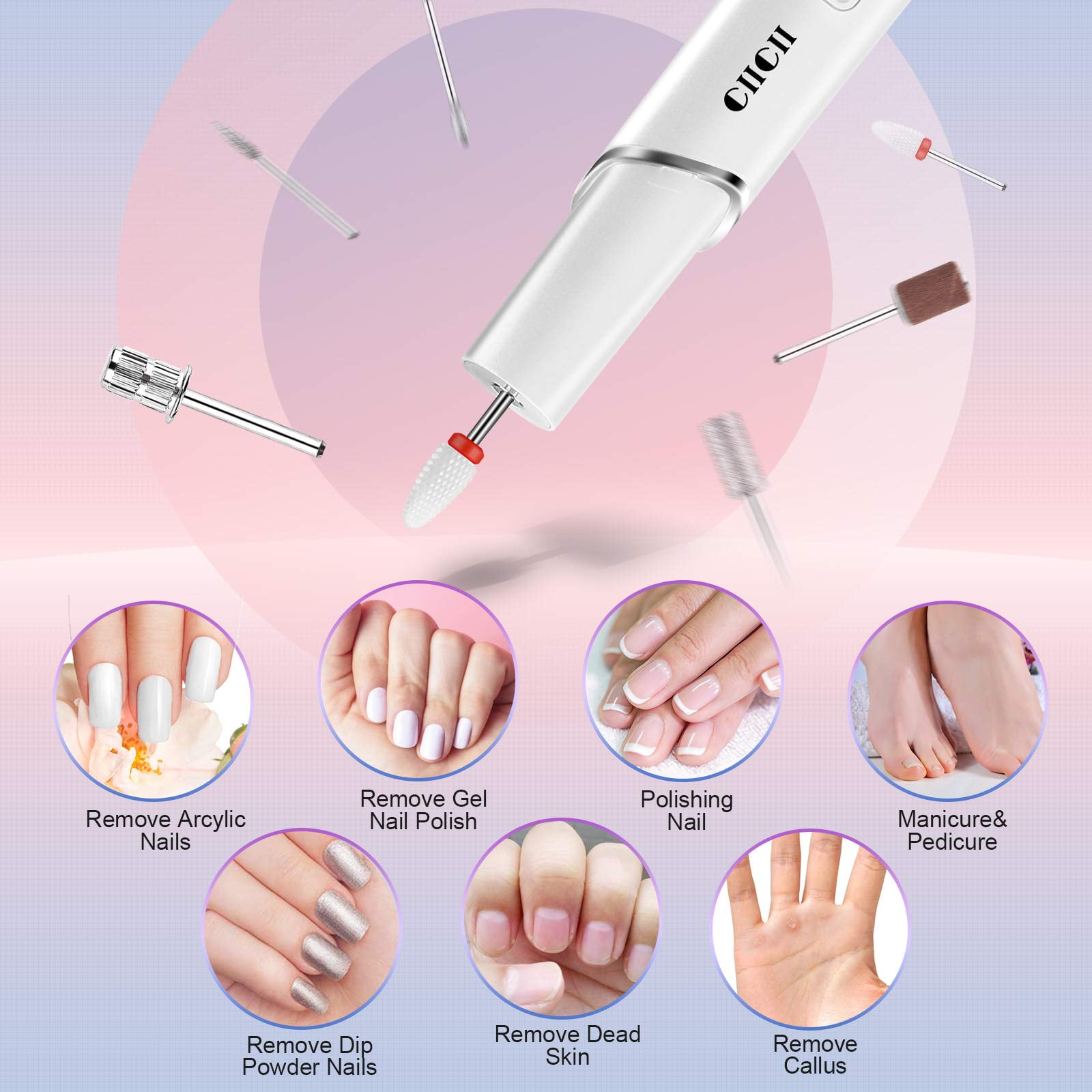 Electric Nail Drill Machine, CIICII Professional Nail Drill Kit (66Pcs Cordless Portable 4-Speed Rechargeable Forward & Reverse Design Nail File Set) for Acrylic Nails/DIY Manicure & Pedicure
