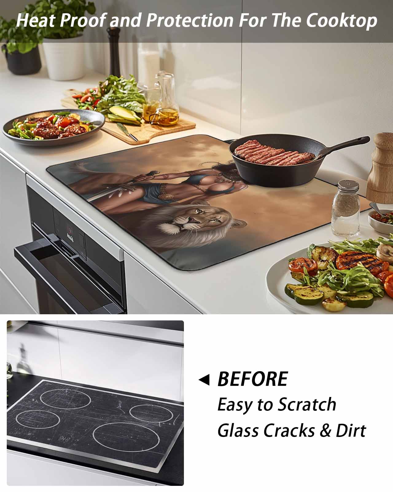 Vintage African Stove Top Covers for Electric Stove, 28'x20'' Tribe Lion and Warrior Woman Glass Ceramic Stove Cover Foldable Rubber Mat Heat Resistant Cooktop Protector for Kitchen