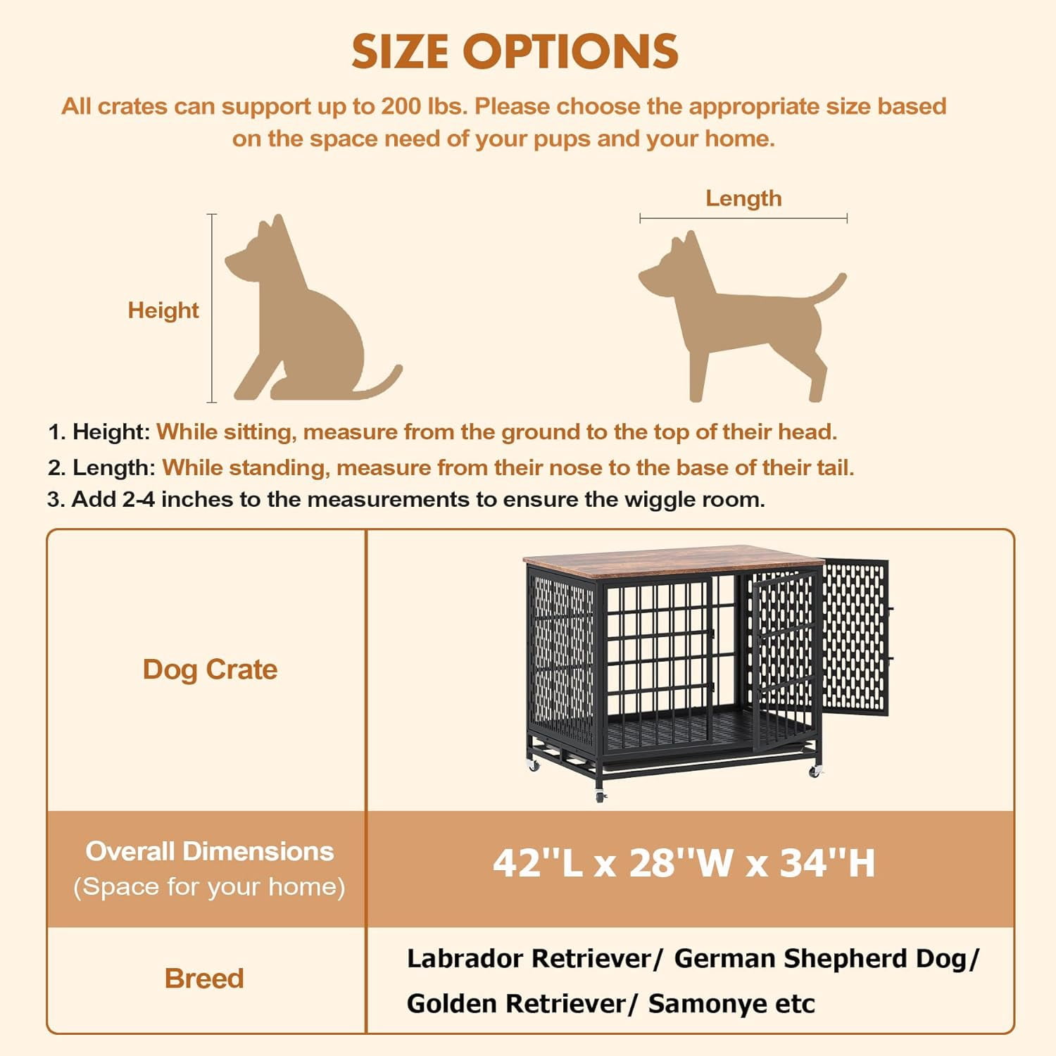 Frmobepts Dog Crate Furniture, 42'' Large Wooden Indoor Dog Cage Table with Sliding & Lockable Doors for Medium Dogs, Retro